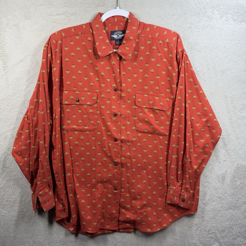 DOCKERS Vintage Rust Red Ditsy Floral Button Front Shirt Women's M Shoulder Pads